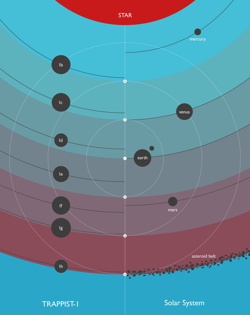 Cantidad de energía que reciben los planetas de Trappist-1 en comparación con los de nuestro Sistema Solar. Infografía: IoA/Amanda Smith